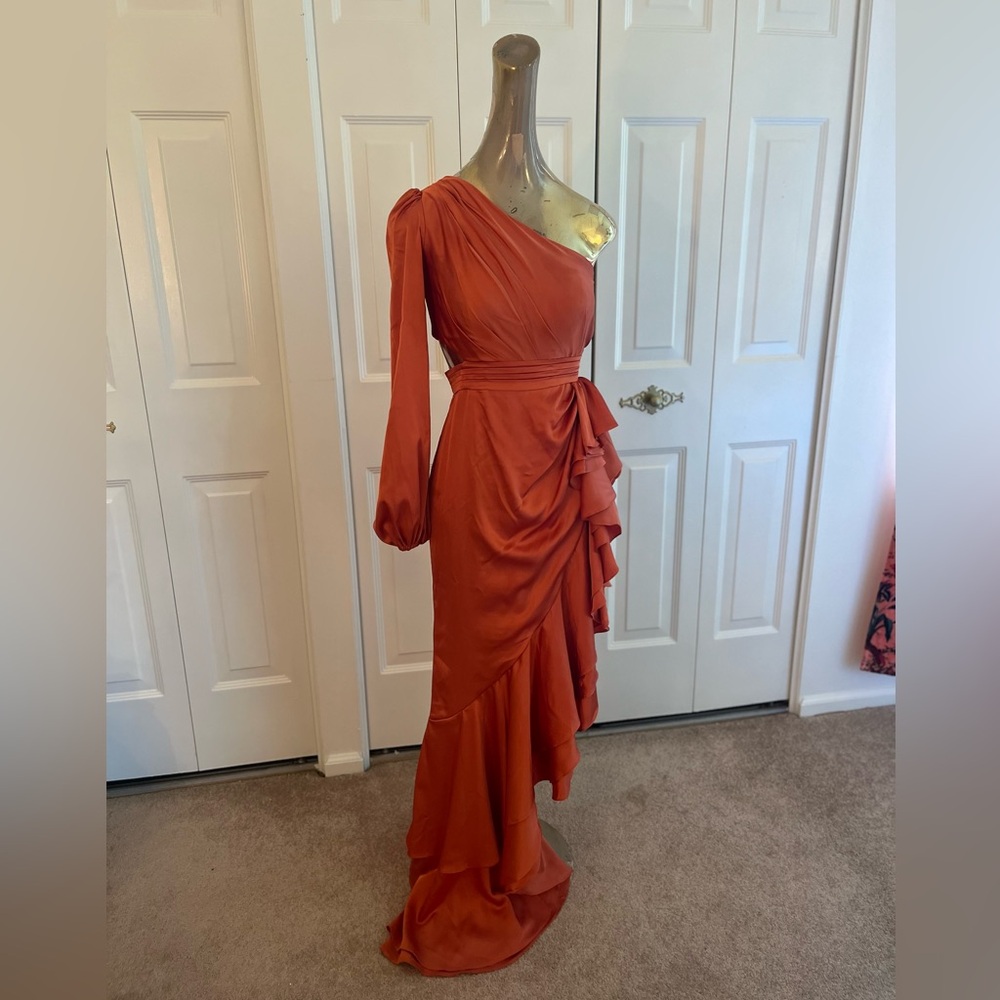 Mac Duggal one sleeve cut out asymmetrical ruffled gown